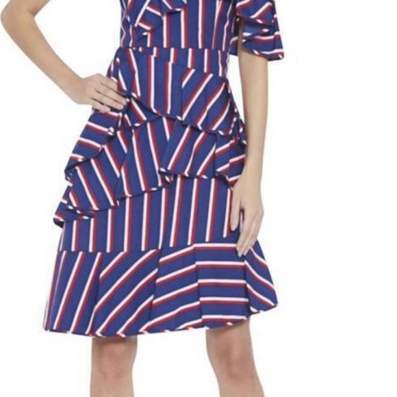 Alice + Olivia NWT Collegiate Stripes Dress Size 4 Off-Shoudler Asymmetrical He - Picture 1 of 9